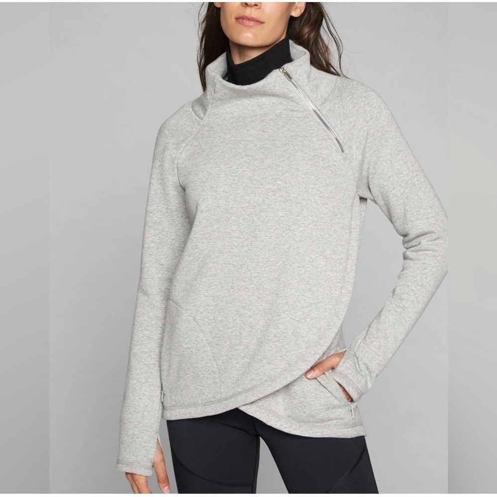 Athleta Cozy Karma Asym Pullover Sweatshirt Light Oatmeal‎ Heathered Mock Neck L